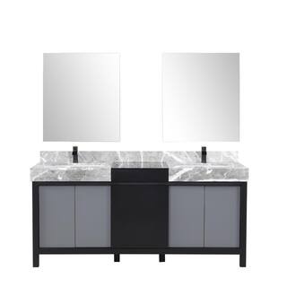 Lexora Zilara 72 in W x 22 in D Black and Grey Double Bath Vanity Castle Grey Marble Top Matte Black Faucet and 28 in Mirrors LZ342272DLISM28FCM