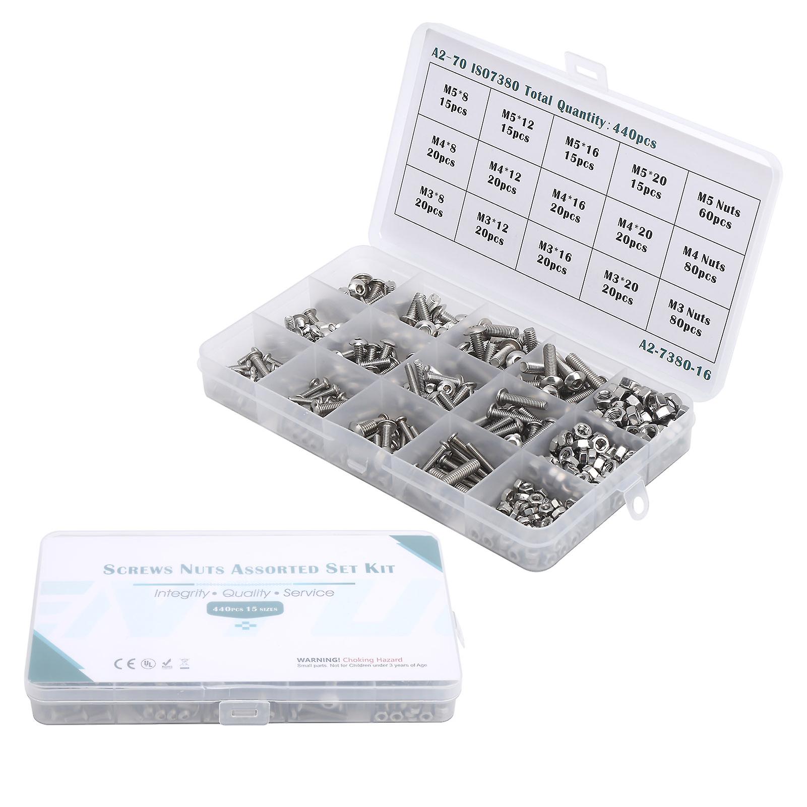 440pcs M3/m4/m5 Hex Socket Screw With Nut Assortment Set Stainless Steel Fastener Hardware