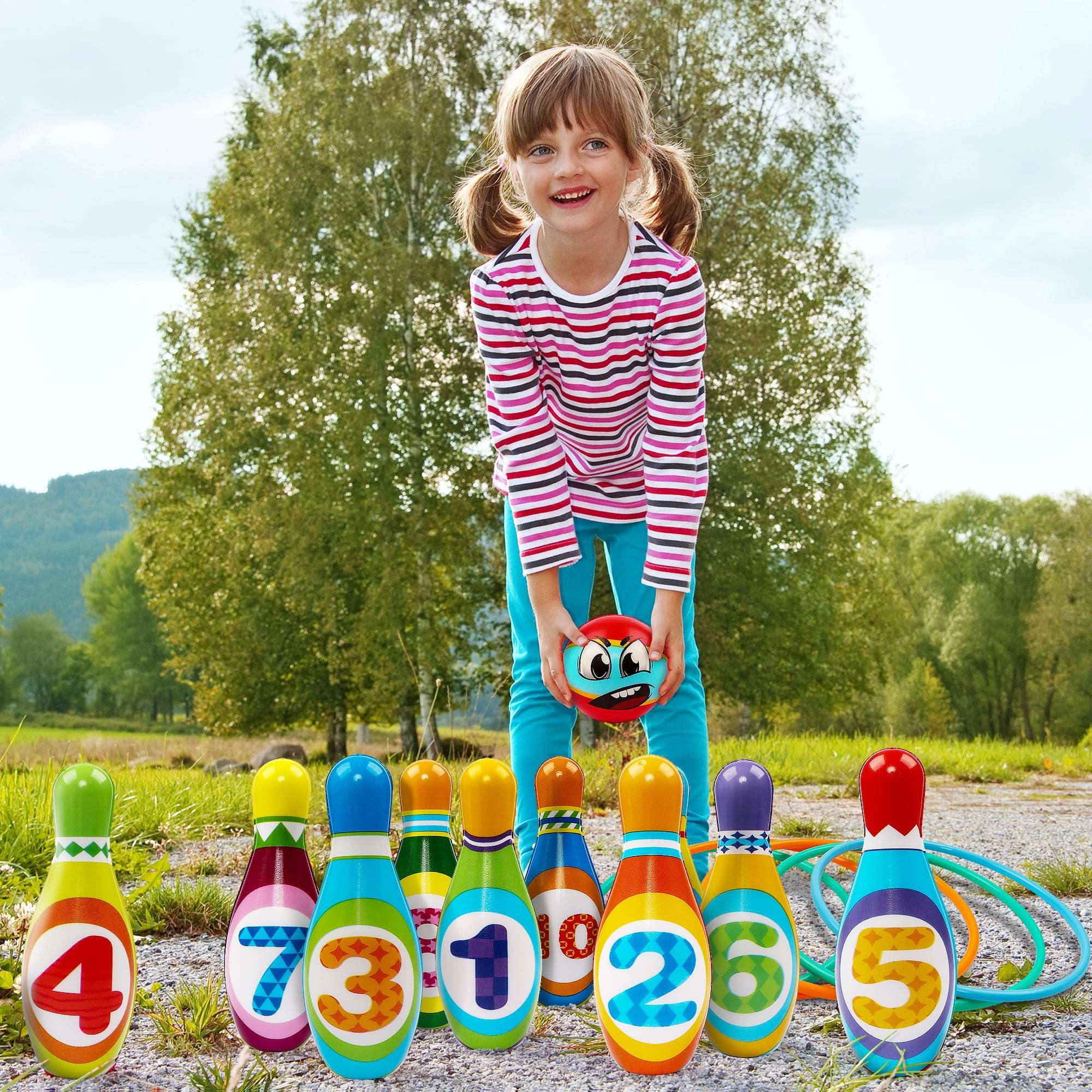 HopeRock Kids Bowling Set Includes 10 Bowling Pins and 2 Balls，Toddler Indoor Outdoor Activity Play Game，Gift for 3-8 Year Old Boys Girls