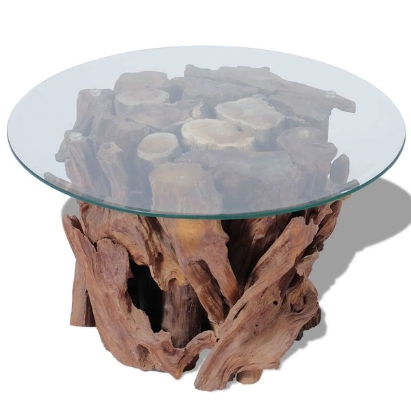 Solid Teak Driftwood Coffee Table with Strong Tempered Glass and Teak Base Living Room Side Tea Stand - as picture