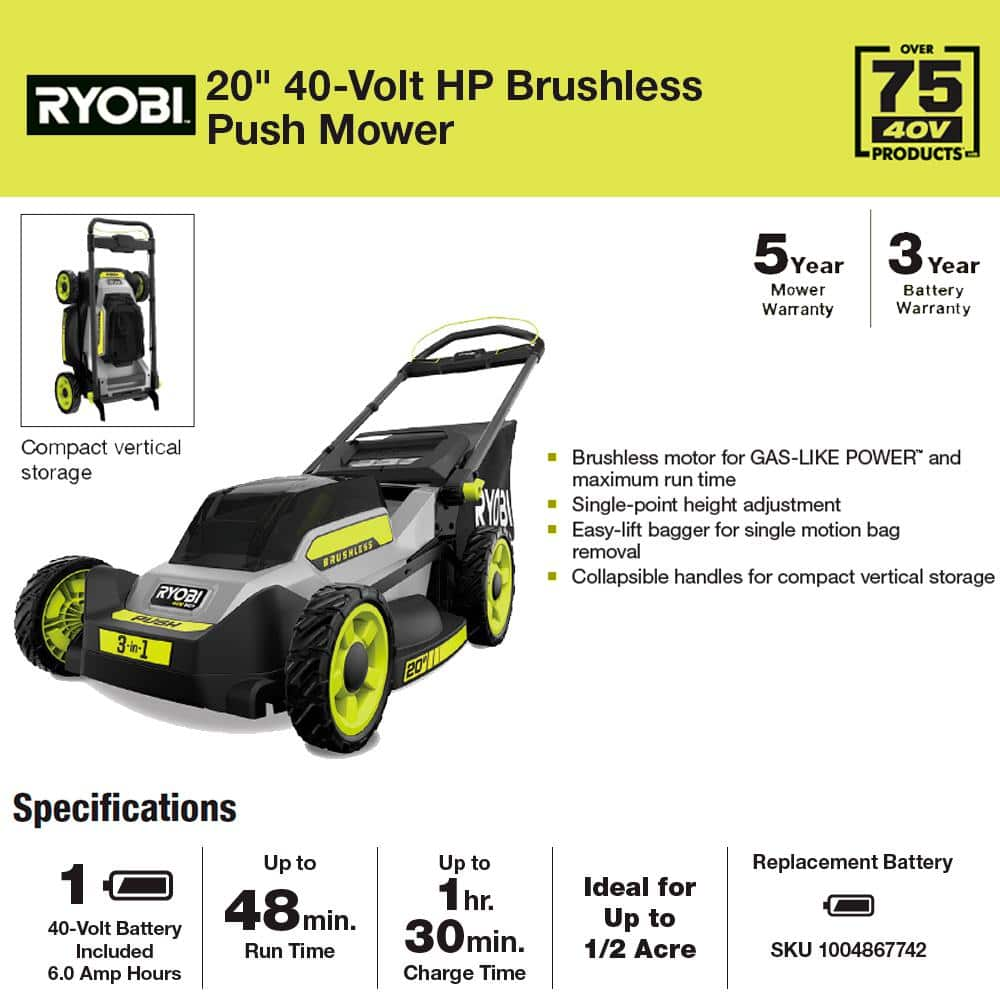 RYOBI 40V HP Brushless 20 in. Cordless Battery Walk Behind Push Mower with 6.0 Ah Battery and Charger RY401170