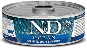 Farmina NandD Ocean Sea Bass and Squid and Shrimp Grain-Free Wet Cat Food， 2.46-oz can， case of 24