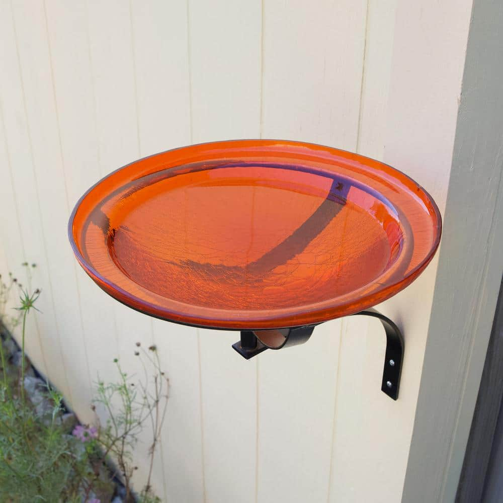 ACHLA DESIGNS 12.5 in. Dia Mandarin Orange Reflective Crackle Glass Birdbath Bowl with Wall Mount Bracket CGB-06M-WM