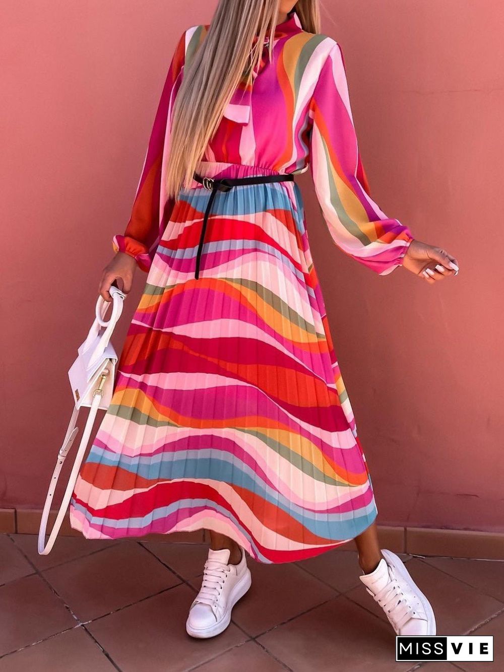 Women'S Dresses Rainbow Print Belt Long Sleeve Dress