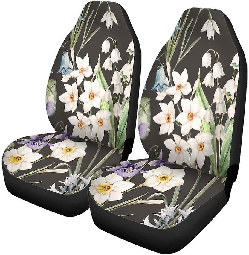 Set Of 2 Car Seat Covers Watercolor Floral Spring Pattern Violet Flowers Narcissus Lily Universal Auto Front Seats Protector Fits