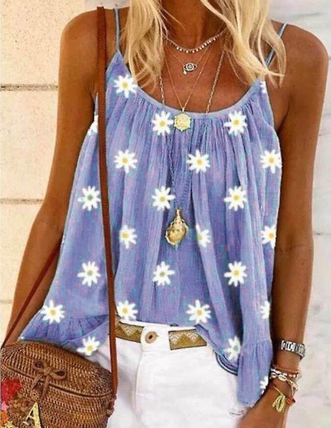 2021 European And American  Foreign Trade Summer Ladies Daisy Print Suspender Top Large Size Loose Vest 8 Colors 8 Yards Light Purple Xxl Grey Flower