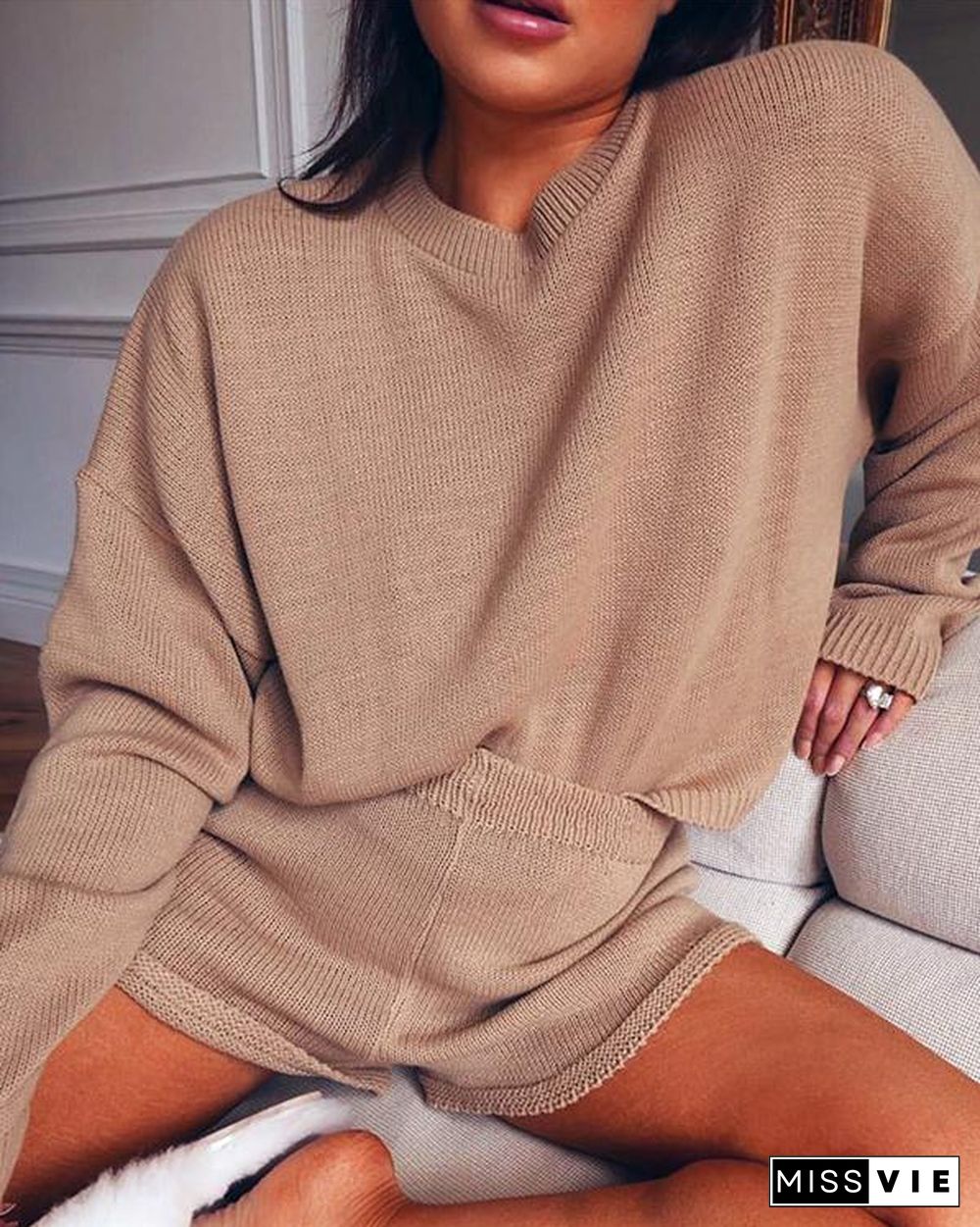 Casual Loose Loungewear Solid Knit Top&Shorts Set