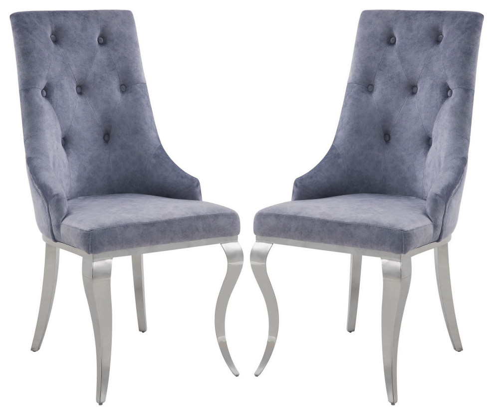 Benzara BM250221 S/2 Side Chair With Button Tufting  ampMetal Legs  Gray/Silver   Traditional   Dining Chairs   by Uber Bazaar  Houzz