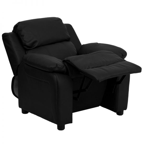 Charlie Deluxe Padded Contemporary Black LeatherSoft Kids Recliner with Storage Arms