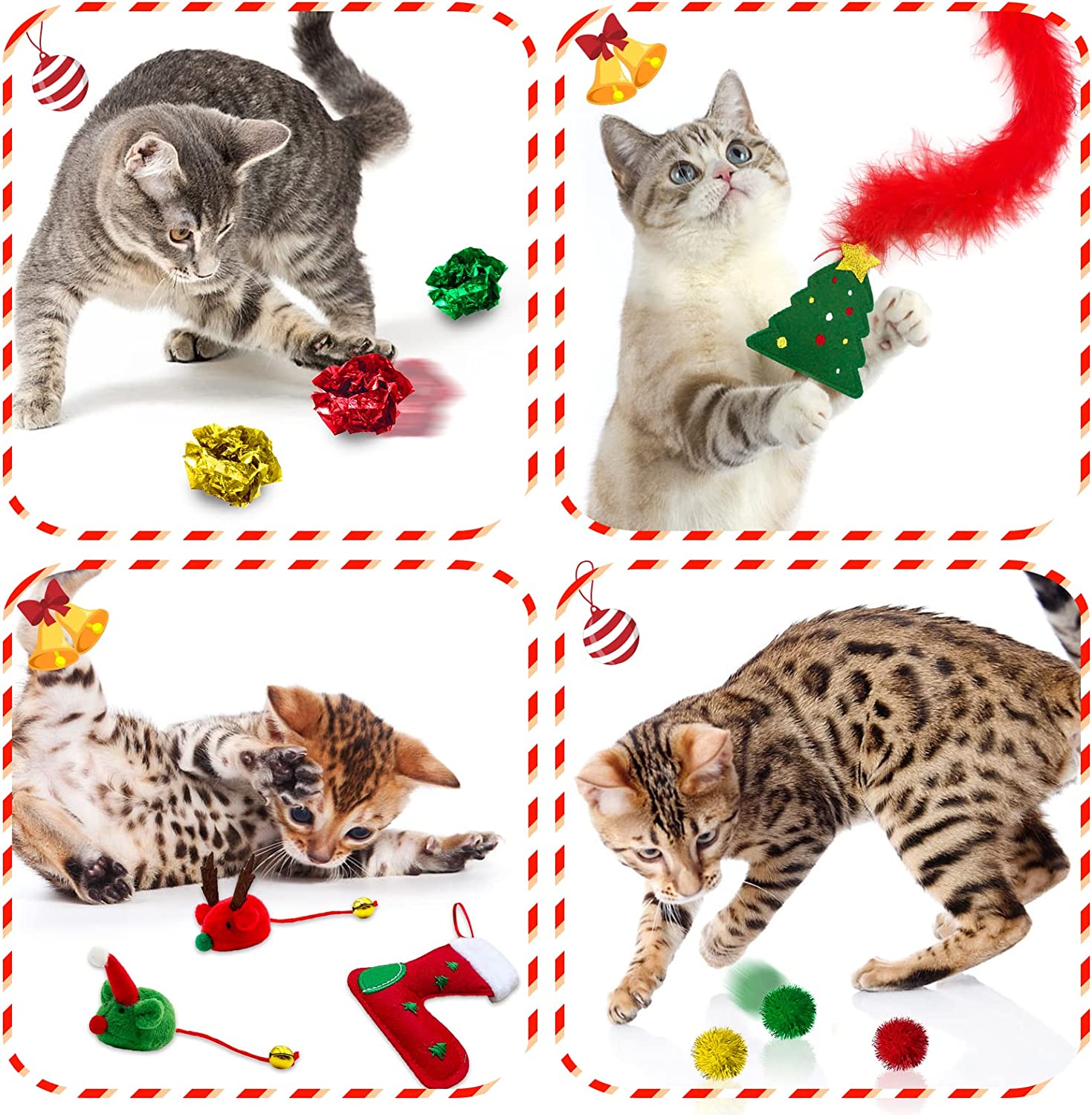 Lepawit Cat Christmas Stocking， 10 Pack Christmas Cat Toys， for Cats， Interactive Cat Feather Toy with Catnip， Cat Ball Toys， Crinkle Balls for Cat， Mice Toys for Indoor Cats and Kitten