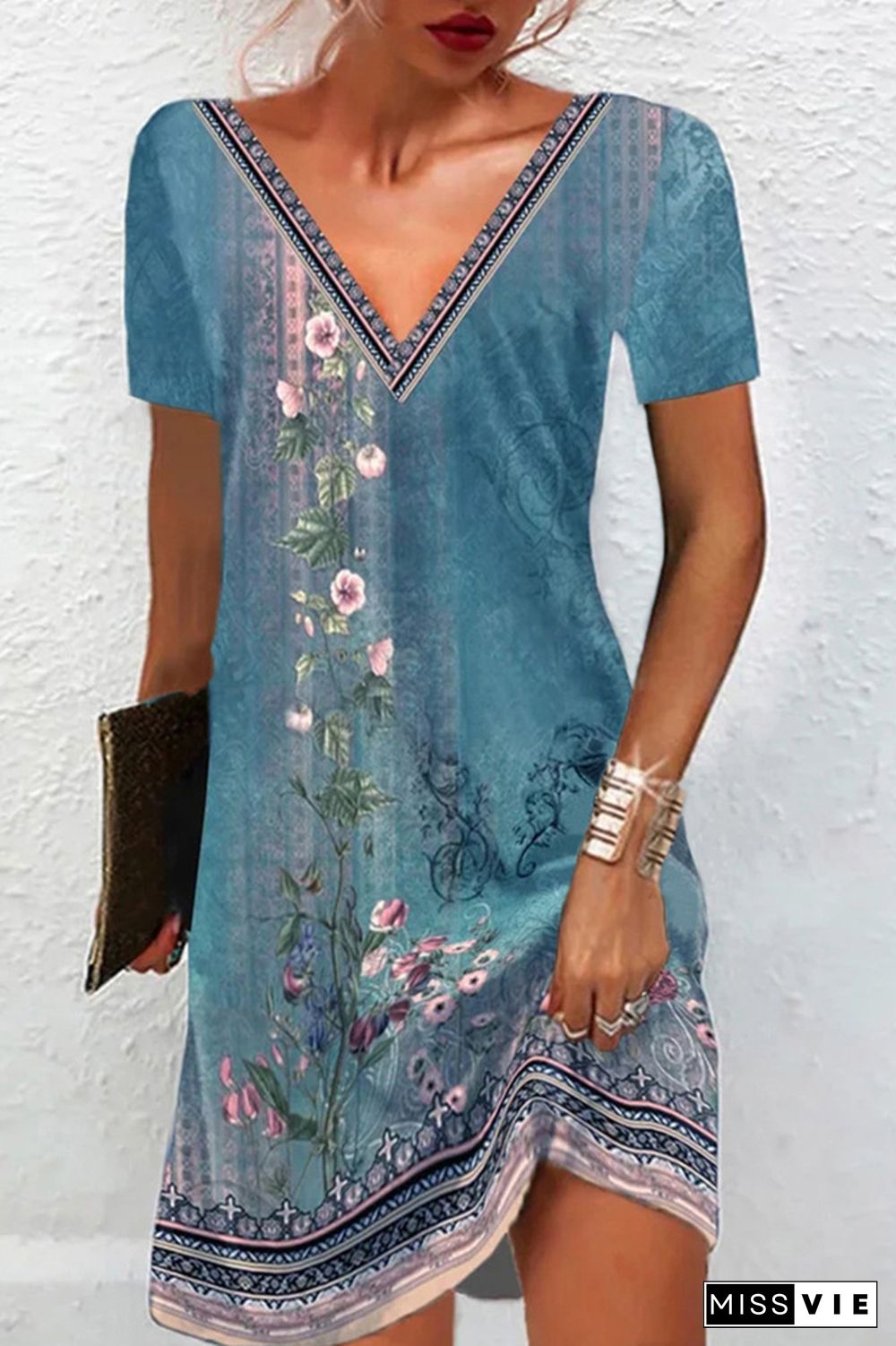 V Neck Ethnic Floral Print T-Shirt Dress