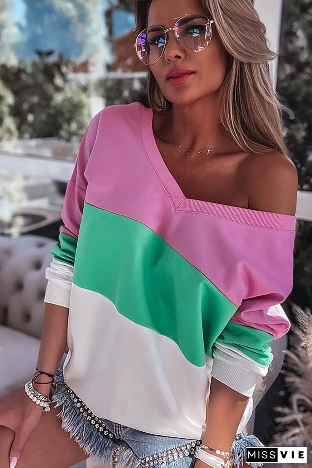 Pink Ribbed V Neck Color Block Patchwork Sweatshirt