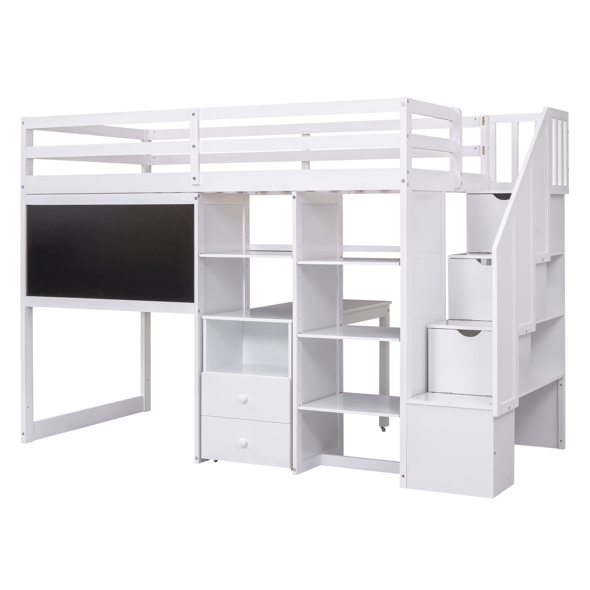 Pine Wood Loft Bed with Storage Staircase, Desk, Drawers and Blackboard for Kids, Twin, White