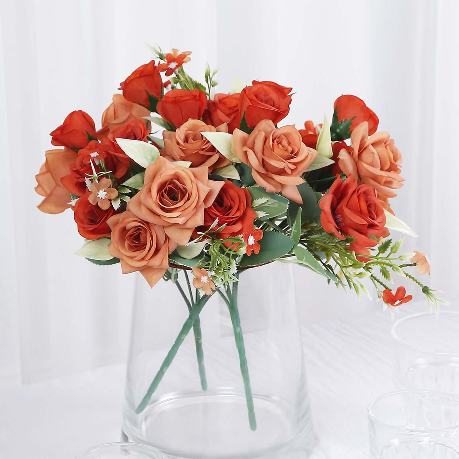 4 Bushes Terracotta (Rust) Real Touch Artificial Silk Rose Bridal Bouquet, Faux Flowers 12