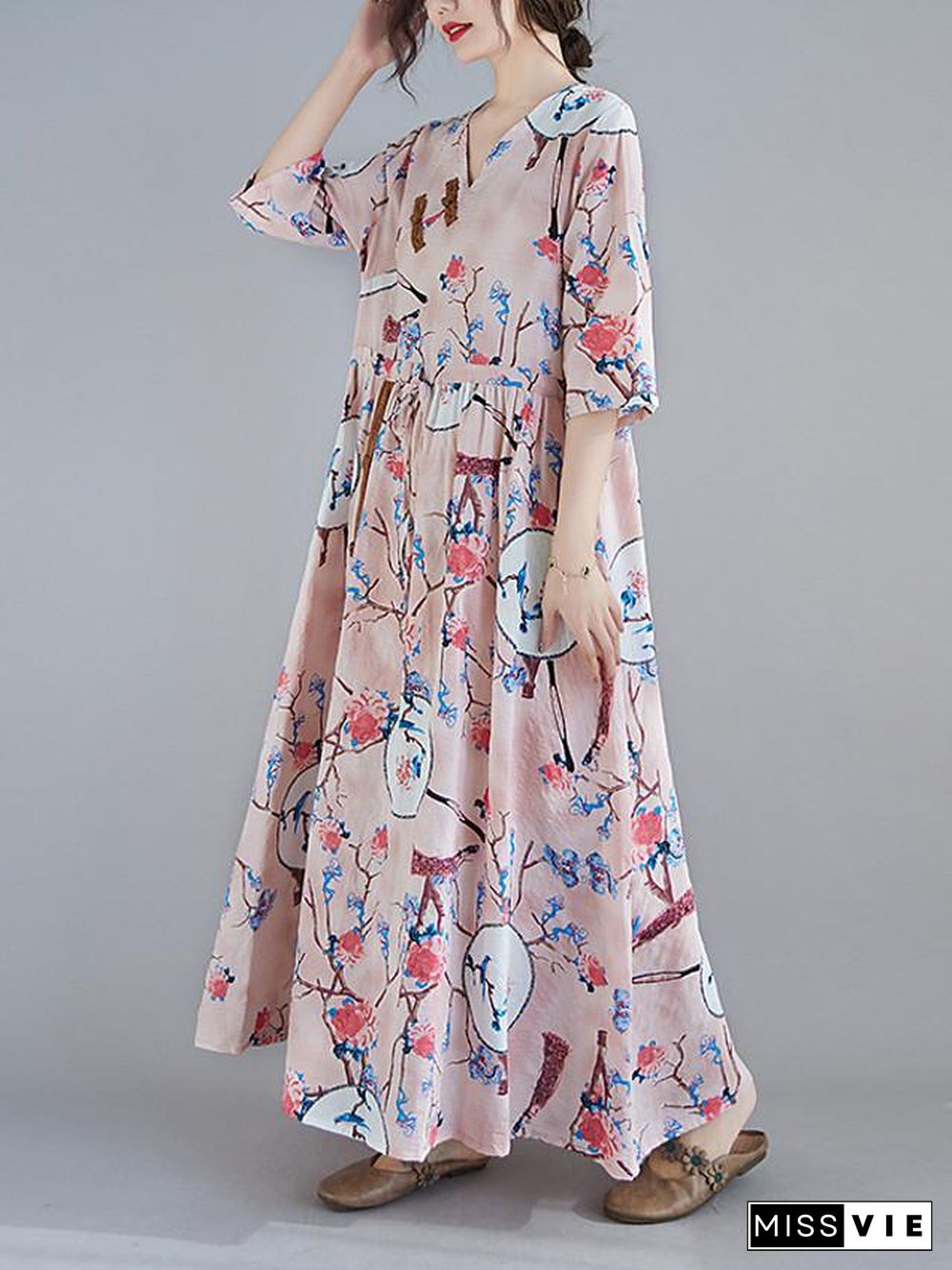 Women's Swing Dress Maxi long Dress 3/4 Length Sleeve Floral Spring Summer Casual Blushing Pink Light Blue M L XL XXL