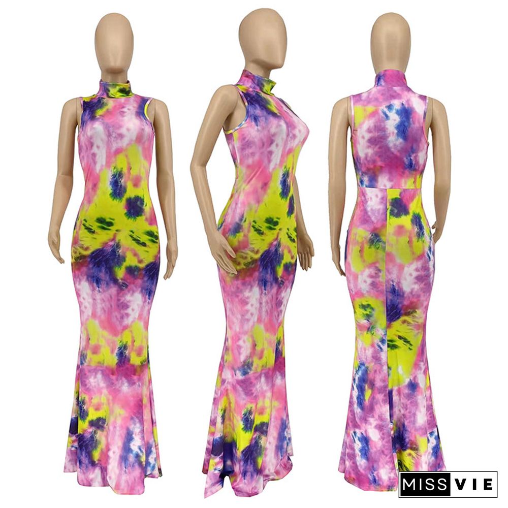 Summer Hot Style Women Tie Dye Print Sleeveless Turtleneck High Waist Skinny Long Dress