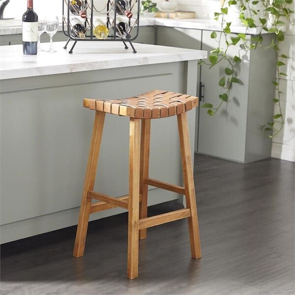 Woven Leather And Birch Wood Bar Stool