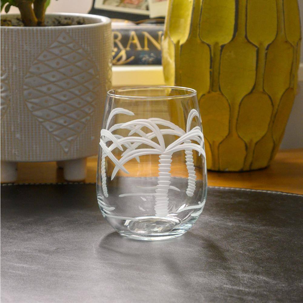 Rolf Glass Palm Tree 17 oz. Clear Stemless Wine Tumbler (Set of 4) 203331-S4