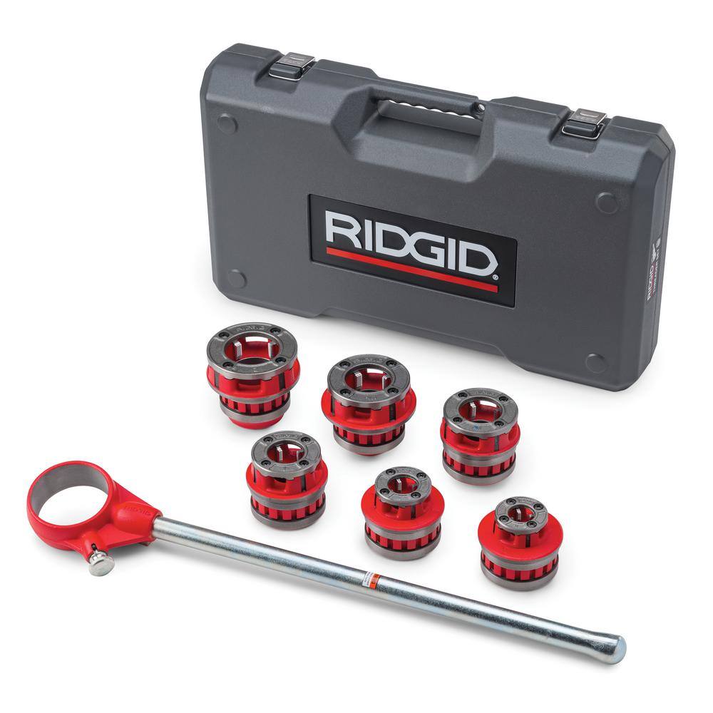 RIDGID 12 in. to 2 in. 12-R Manual Exposed Ratchet NPT Pipe Threading Set (6 Die Heads Alloy Dies RatchetHandle + Case) 36475