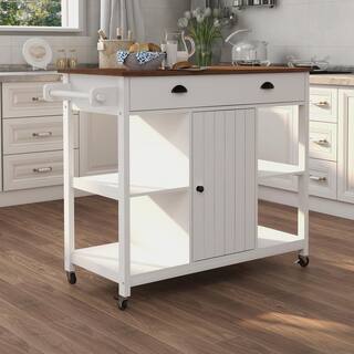 FUNKOL 5-Tier White Wood Top 39.57 in. W Freestanding Kitchen Island Trolley Cart With Adjustable Shelf W282dx42474