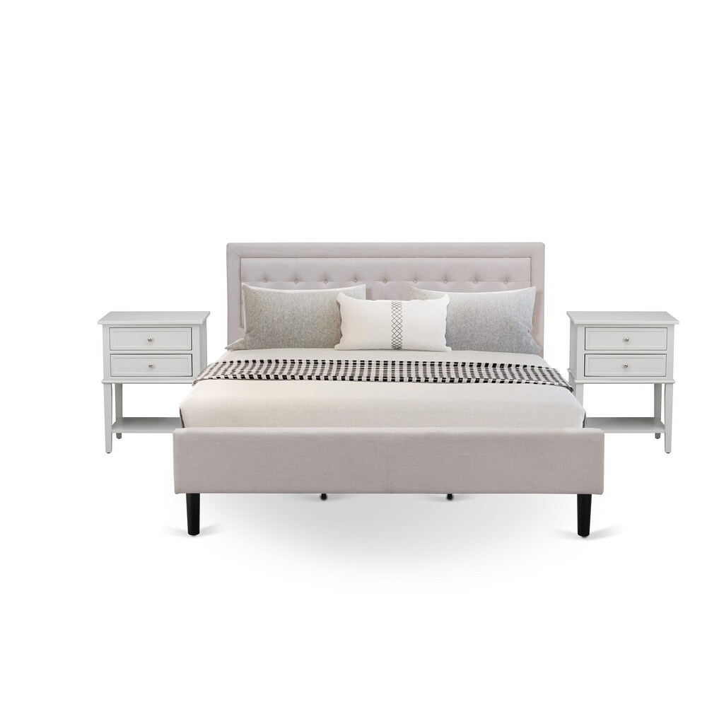 Platform King Size Bedroom Set with 1 Mid Century Bed and Night Stands   Mist Beige Linen Fabric