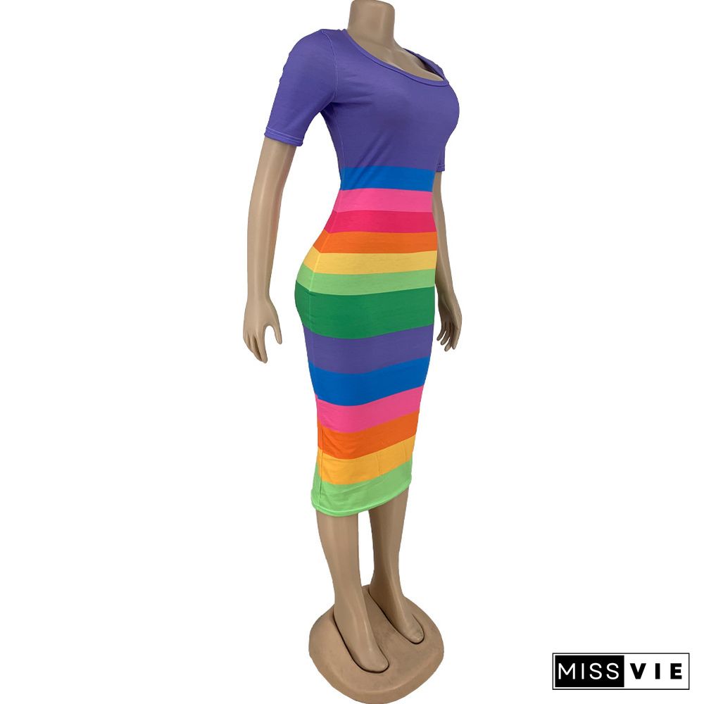 Rainbow Striped Print Body-shaping Short Sleeve Dress