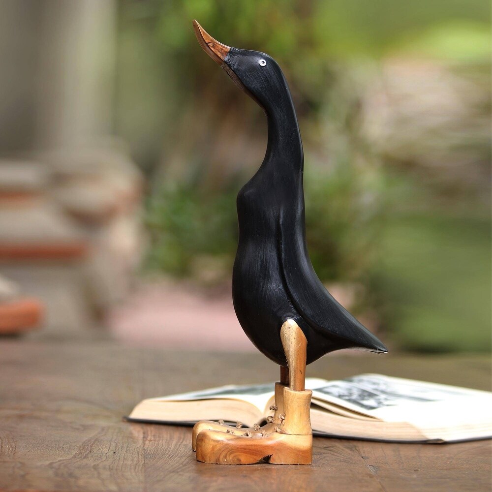 NOVICA Stomping Duck in Black  Wood and bamboo root sculpture