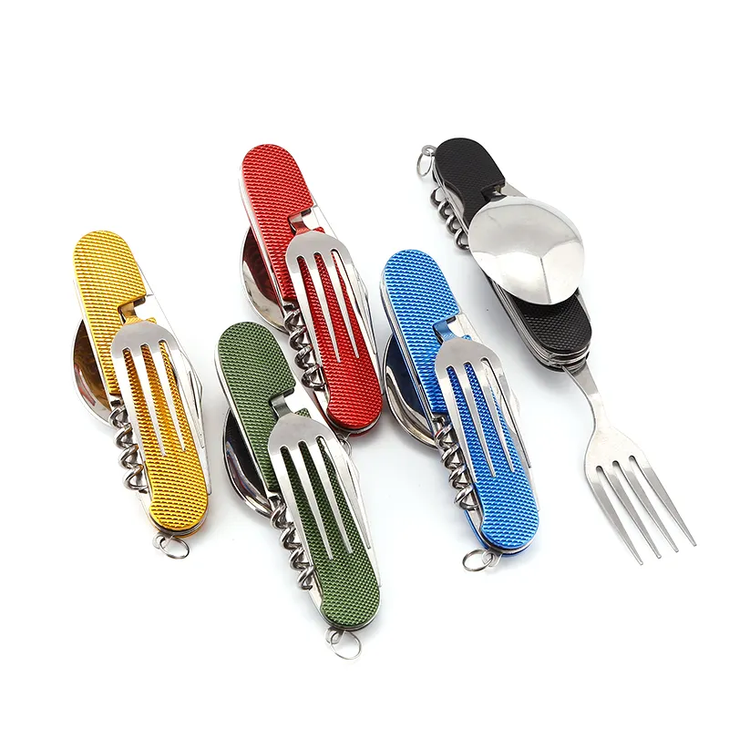 6 In 1 Travel Tableware Kit Picnic Hiking Travel Tools Camping Cutlery Stainless Steel Folding Pocket Spoon Fork Knife