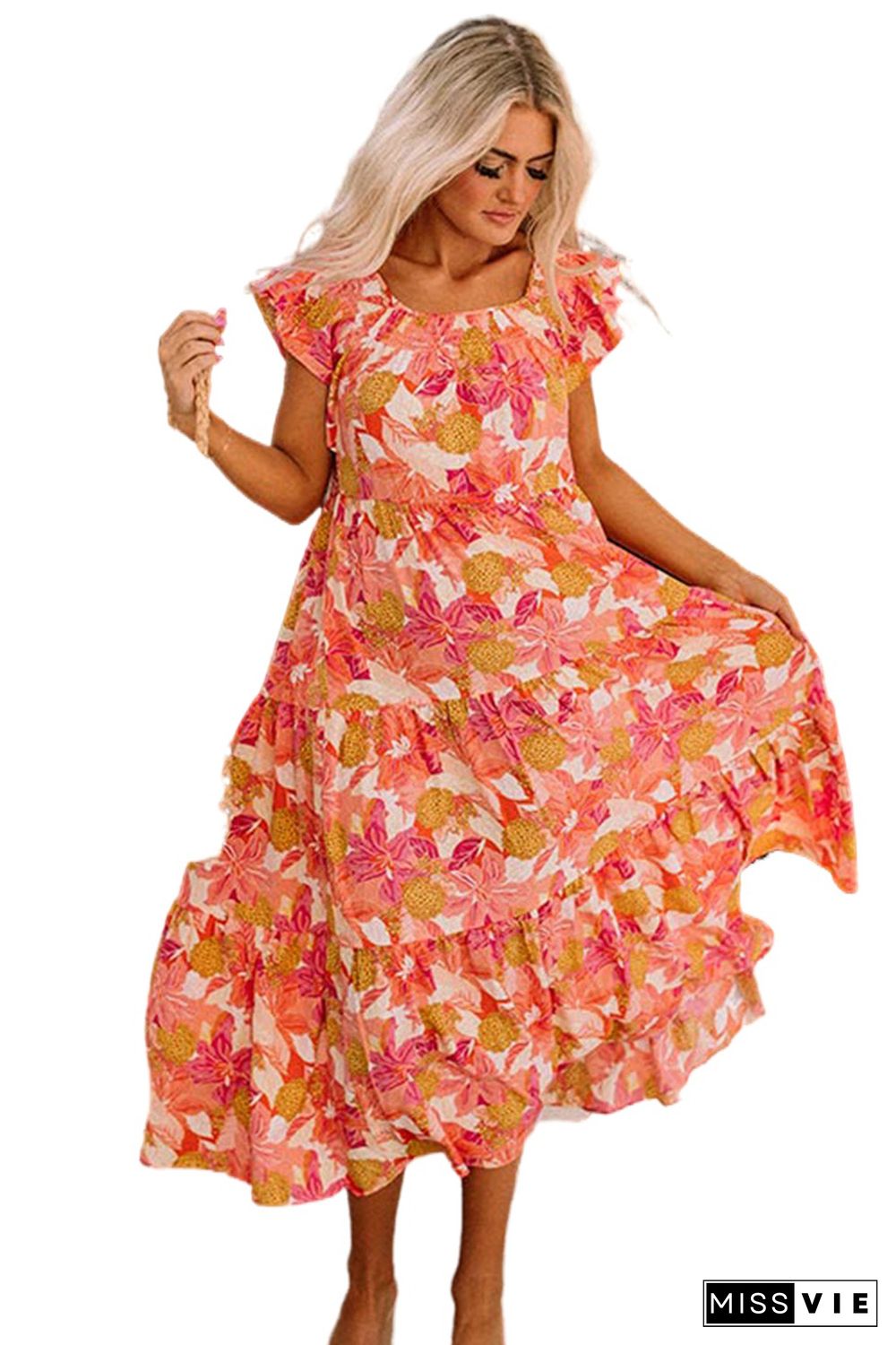 Multicolor Floral Print Ruffle Sleeve Tiered Long Dress