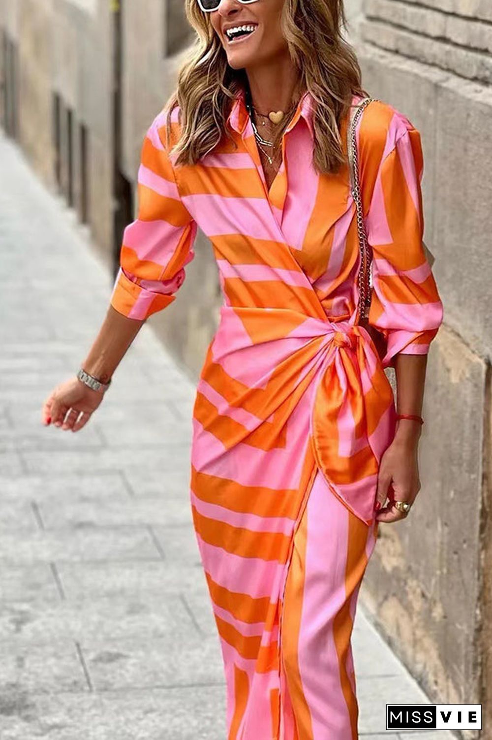 Stripe Knot Shirt Collat Midi Wrap Dress