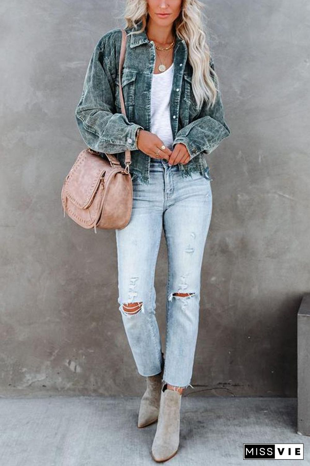 Frayed Hem Cropped Corduroy Jacket