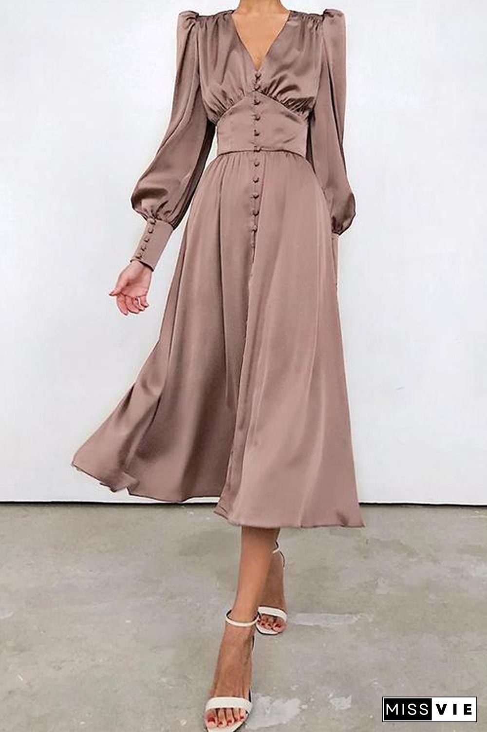 Satin Button Puff Long Sleeve Dress