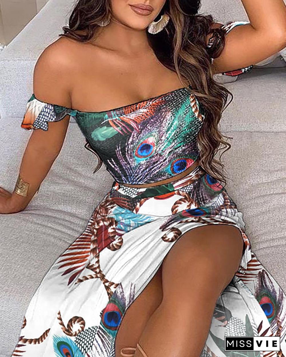 Off Shoulder Peacock Print Top & High Slit Maxi Skirt Sets