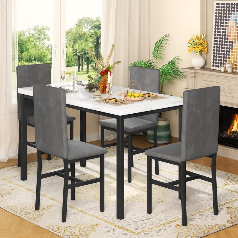 Grondin Modern Style Faux Marble Top 5 Piece Casual Dining Set with 4 Velvet Upholstered Dining Chairs