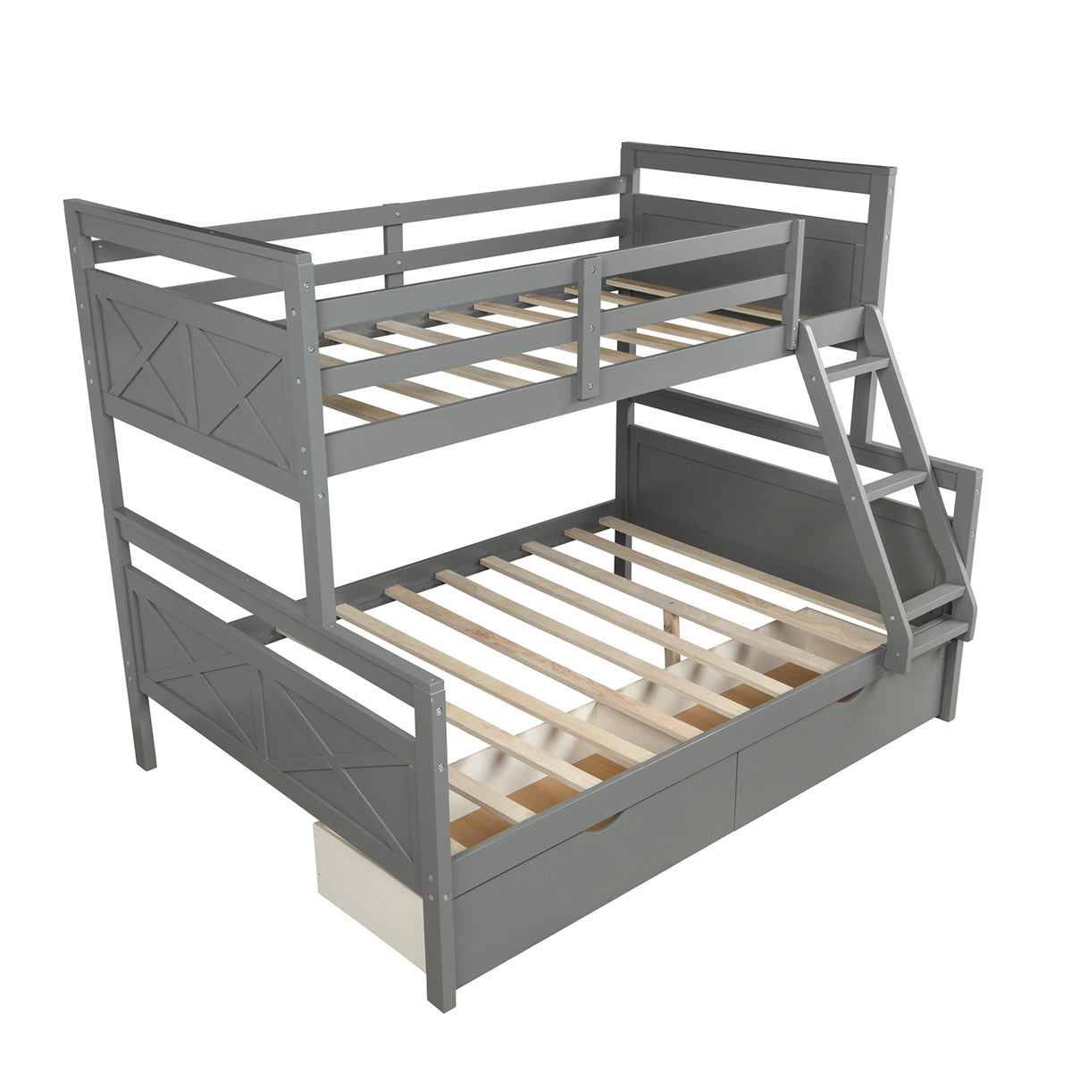 Twin Over Full Bunk Bed with Two Storage Drawers, Pine Wood Bed Frame and Guardrails and Ladder for Kids and Teens Trundle, Grey