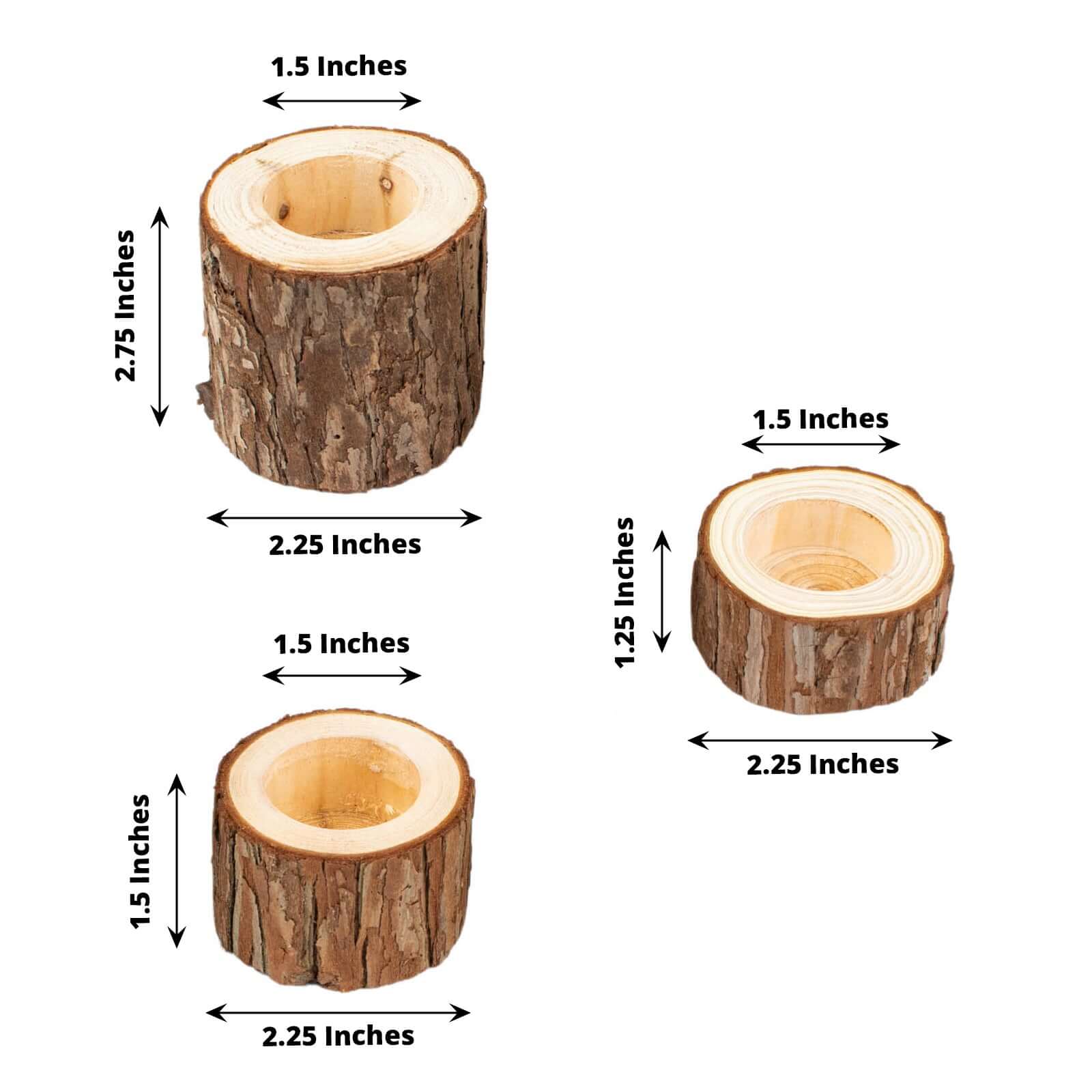 Set of 3 Assorted Farmhouse Wood Slice Votive Candle Holders, Rustic Tree Branch Wedding Table Décor 2.75