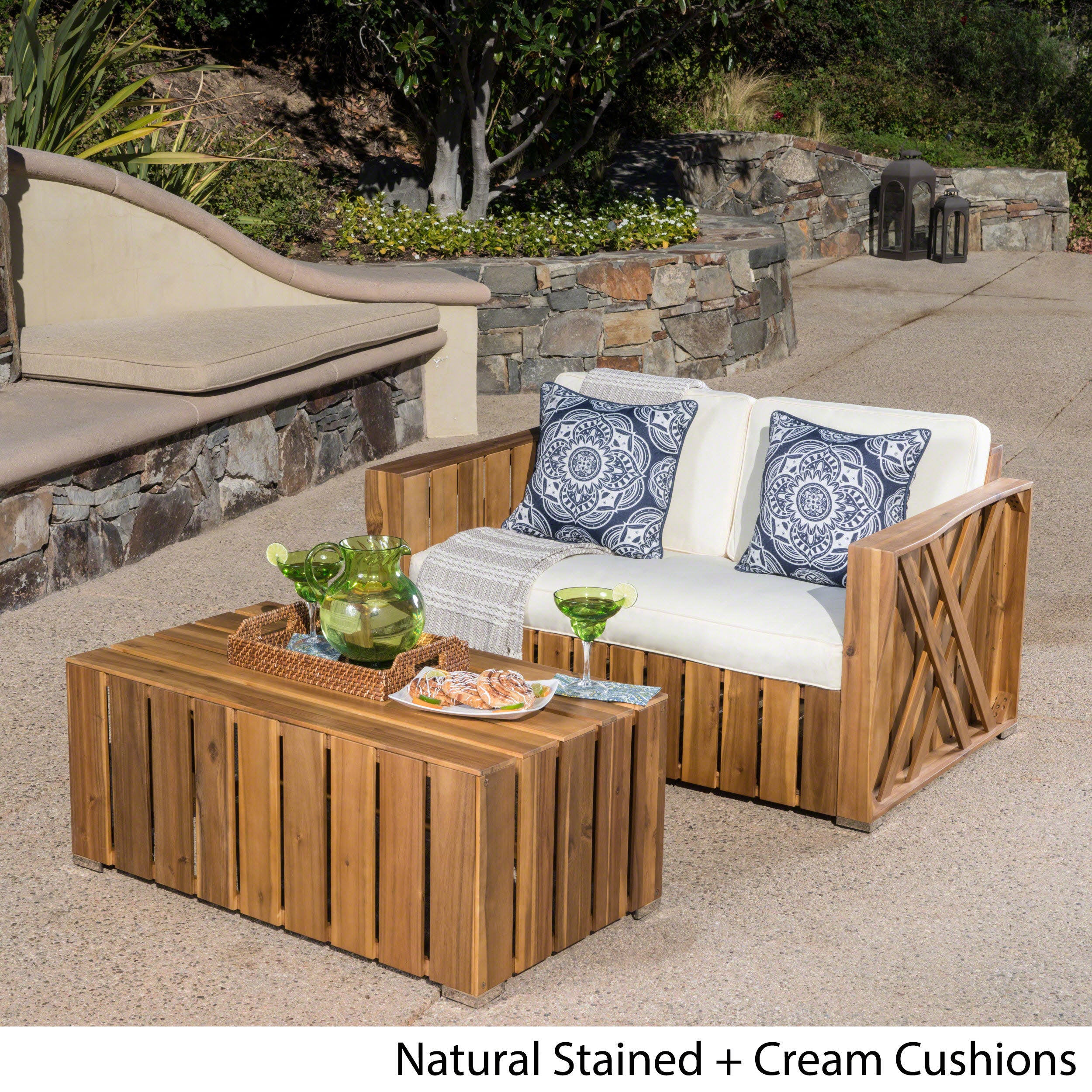 Edward Outdoor Acacia Wood Loveseat and Coffee Table Set with Cushions