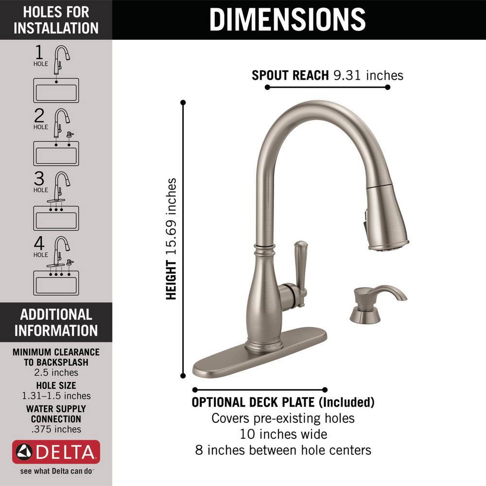 Delta Charmaine Single-Handle Pull-Down Sprayer Kitchen Faucet with Soap Dispenser and ShieldSpray Technology in Stainless 19962Z-SSSD-DST