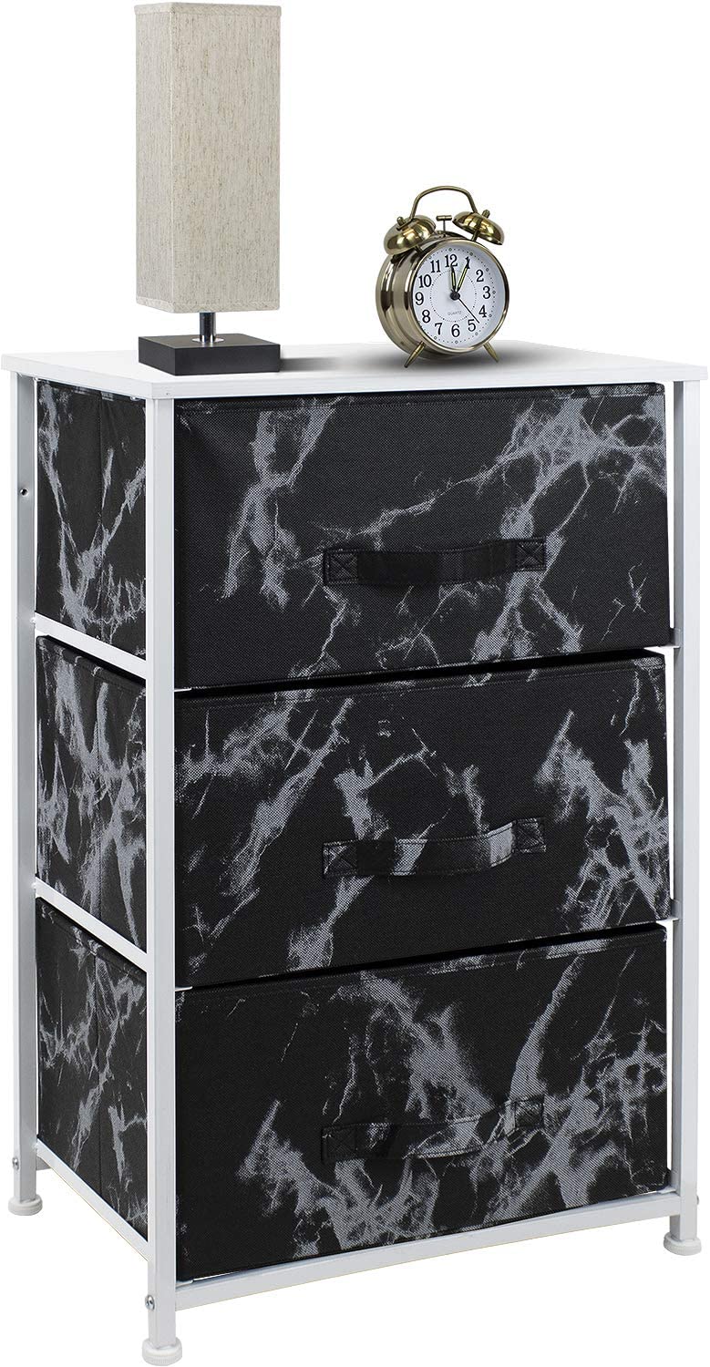 3 Drawer Nightstand Chest End-Table Dresser - White Frame Black Marble