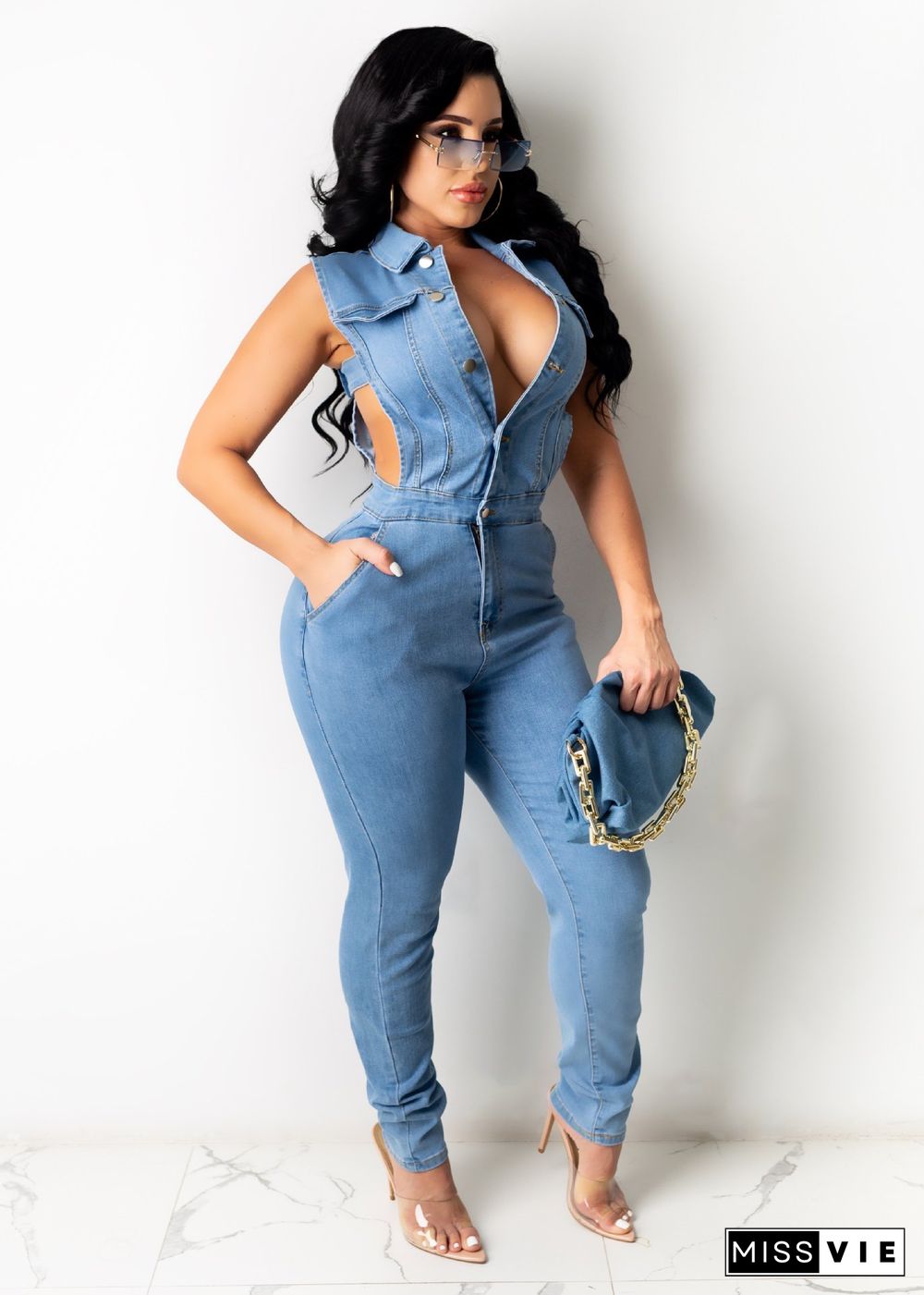 Plus Size Solid Sleeveless Side Hollow Out Button Up High Waist Bodycon Summer Denim Women Jumpsuits