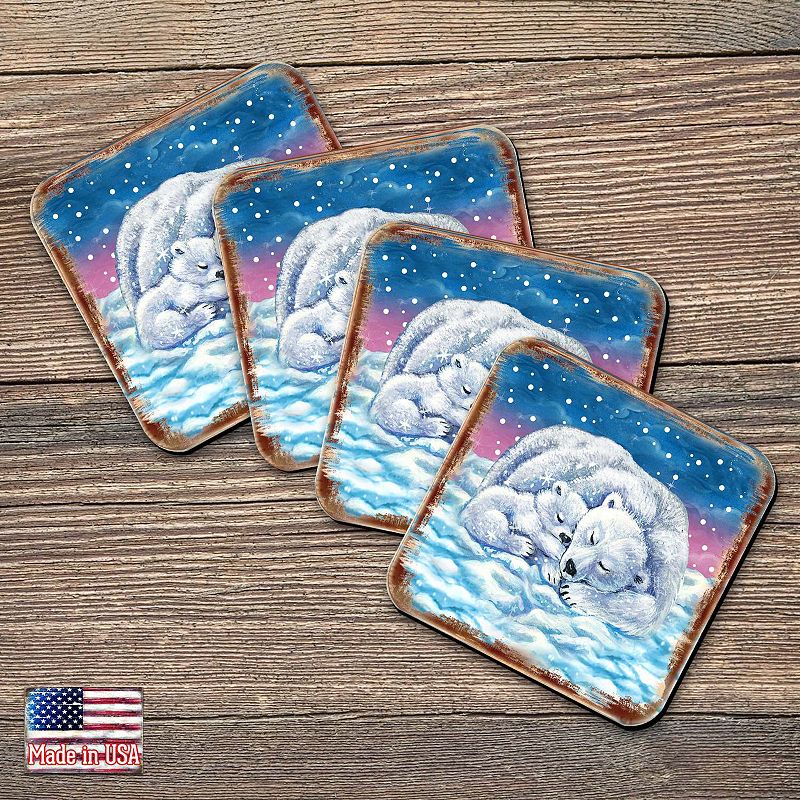 Polar Bears Wooden Cork Coasters Gift Set of 4 by Nature Wonders