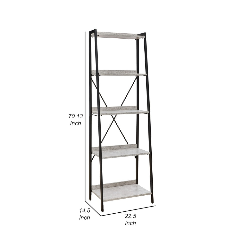 70 Inch Freestanding Bookcase  5 Concrete Melamine Shelves  Metal Frame