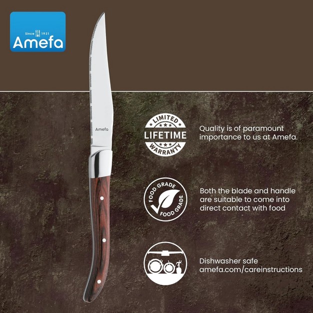 Amefa Royal Steak Knives Set Of 6 Hardened Stainless Steel Triple Rivet Pakka Wood Ergonomic Handle Design Serrated Edge 4 Inch Blade Steak Knife