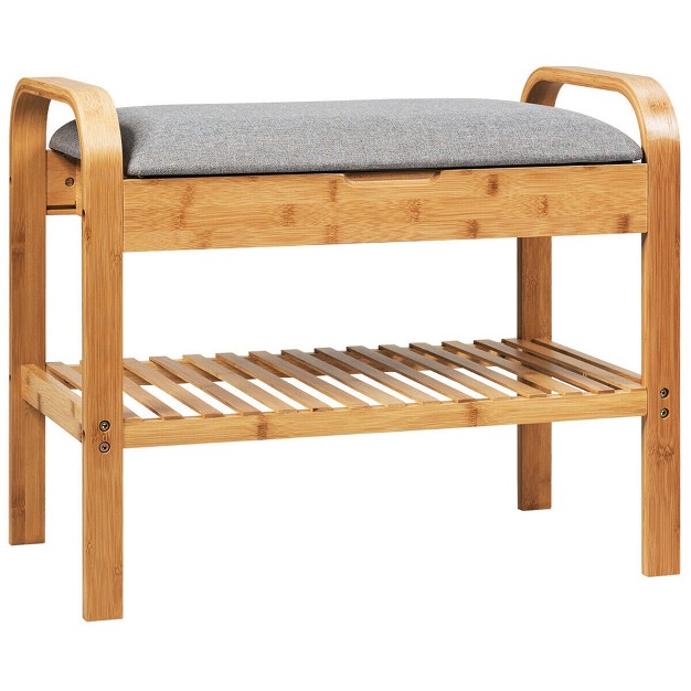 Costway Shoe Rack Bench Bamboo W cushioned Seat amp storage Shelf Padded Seat Shoe Bench