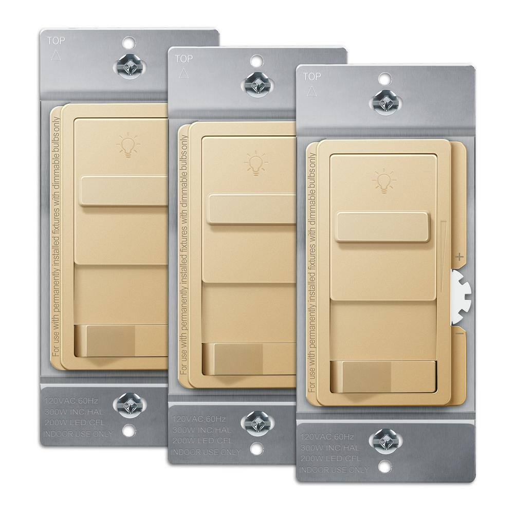 TOPGREENER Kalide 200-Watt 3-Way Slide Dimmer Light Switch With OnOff Button No Neutral Gold (3-Pack) TGSDS3-GD-3PCS