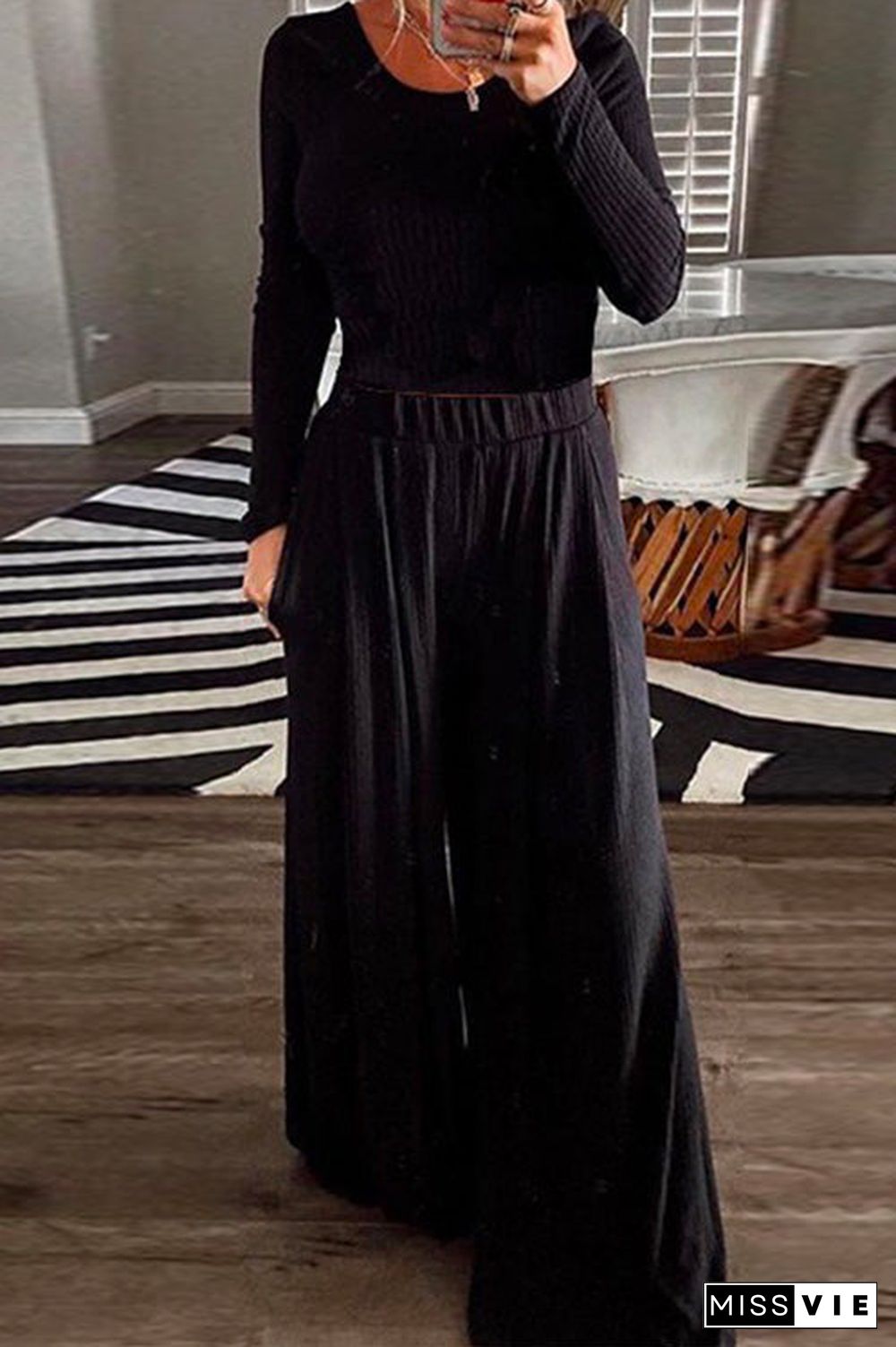 Crewneck Pullover and Wide Leg Pants Set