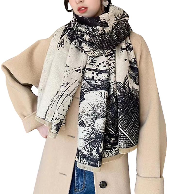 Women Casual Landscape Painting Print Long Shawl Animal Printed Large Blanket