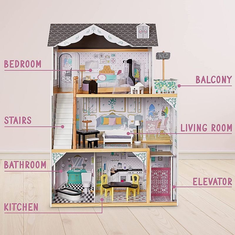 Lil Jumbl 3-Floor Wooden Dollhouse with Elevator and 16-Piece