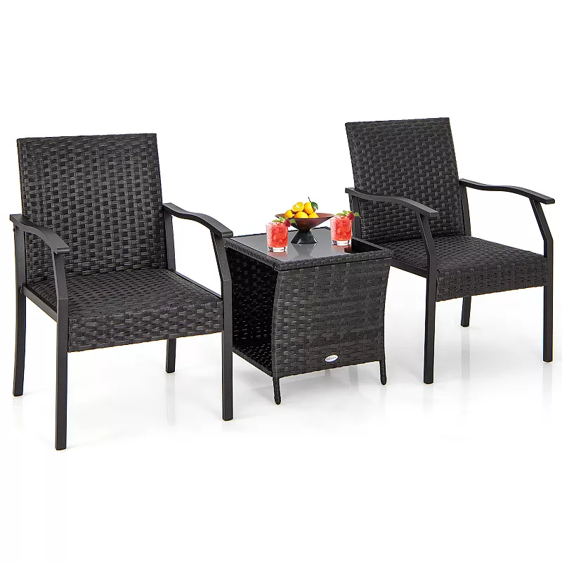 3 Piece Patio Wicker Chair Set With Quick - Drying Cushions