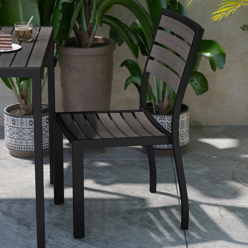 2 Pack Outdoor Faux Teak Side Chair with Poly Slats   Teak Patio Chair